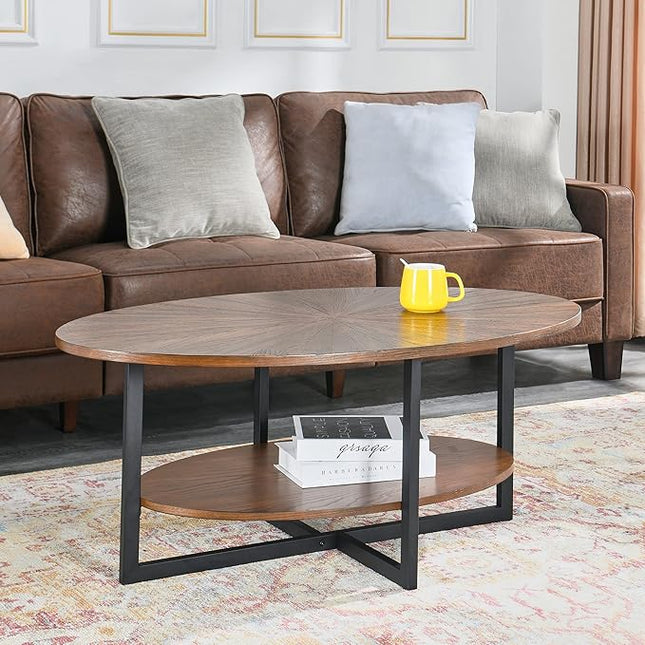 Solid Wood Oval Coffee Table with Cross Metal Legs, 43.3in Modern Industrail Center Table with Open Shelf Cocktail Tea Table for Living Room Bedroom, Rustic Brown 1811NC - LeafyLoom