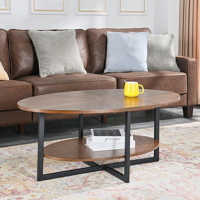 Solid Wood Oval Coffee Table with Cross Metal Legs, 43.3in Modern Industrail Center Table with Open Shelf Cocktail Tea Table for Living Room Bedroom, Rustic Brown 1811NC - LeafyLoom