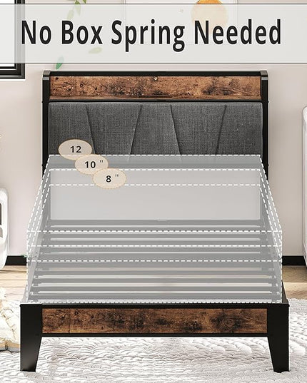 LIKIMIO Twin Bed Frames, Storage Headboard with Charging Station, Solid and Stable, Noise Free, No Box Spring Needed, Easy Assembly - LeafyLoom