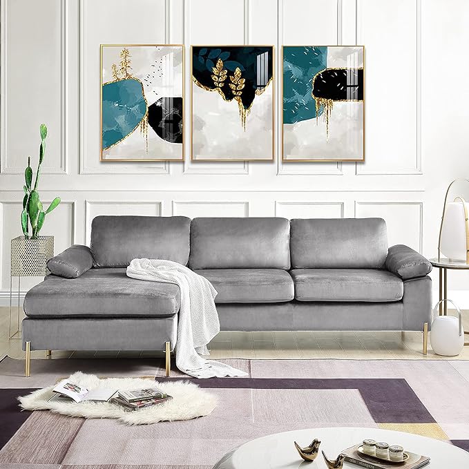 L Shaped Couch with Chaise, Velvet Upholstered Sectional, Metal Leg & Rolled Armrests, Futon Sofa for Living Room, Apartment and Office, Gray, 101.2, Gray1 - LeafyLoom