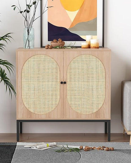 XIAO WEI Sideboard with Handmade Natural Rattan Doors, Rattan Cabinet Console Table Storage Cabinet Buffet Cabinet, for Kitchen, Living Room, Hallway, Entryway, Natural - LeafyLoom
