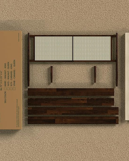 Bme Oliver King Bed Frame and Headboard - 15-Inch Signature Design with Rattan Headboard, Bohemian and Mid Century Style, 12-Slat Wood Support, No Box Spring Needed - Easy Assembly, Walnut - LeafyLoom