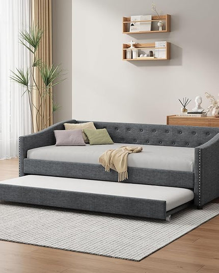 Twin Size Upholstered Daybed with Twin Size Trundle,Wood Sofa Bed Frame W/Button Tufted Back and Nailhead Decorated Waved Shape Arms,Slat Support,for Bedroom,Living Room,Apartment,Dark Gray - LeafyLoom