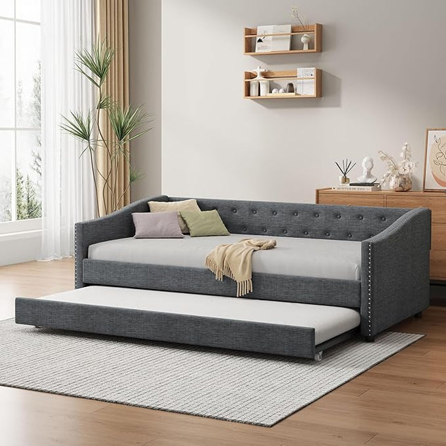 Twin Size Upholstered Daybed with Twin Size Trundle,Wood Sofa Bed Frame W/Button Tufted Back and Nailhead Decorated Waved Shape Arms,Slat Support,for Bedroom,Living Room,Apartment,Dark Gray - LeafyLoom