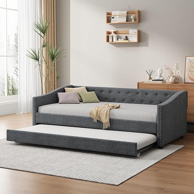 Twin Size Upholstered Daybed with Twin Size Trundle,Wood Sofa Bed Frame W/Button Tufted Back and Nailhead Decorated Waved Shape Arms,Slat Support,for Bedroom,Living Room,Apartment,Dark Gray - LeafyLoom