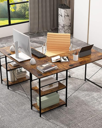 L-Shaped Home Office Desk, Corner Computer Desk w/Monitor Stand, Reversible PC Desk w/Heavy-Duty Metal Frame, Long Office Desk for 2 Person, Space-Saving Design (Rustic Brown) - LeafyLoom