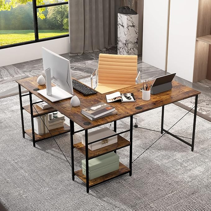 L-Shaped Home Office Desk, Corner Computer Desk w/Monitor Stand, Reversible PC Desk w/Heavy-Duty Metal Frame, Long Office Desk for 2 Person, Space-Saving Design (Rustic Brown) - LeafyLoom
