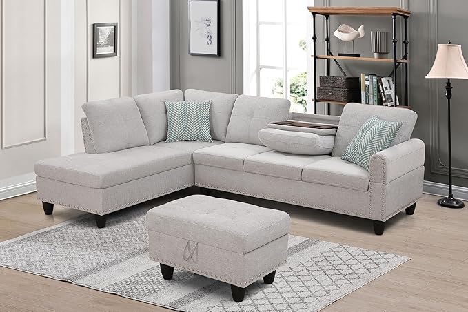 98" L-Shaped Sectional Couch with Storage Ottoman and Left Facing Chaise,Linen Upholstered Sofa with 2 Cup Holders and 2 Throw Pillows for Living Room,Light Gray - LeafyLoom