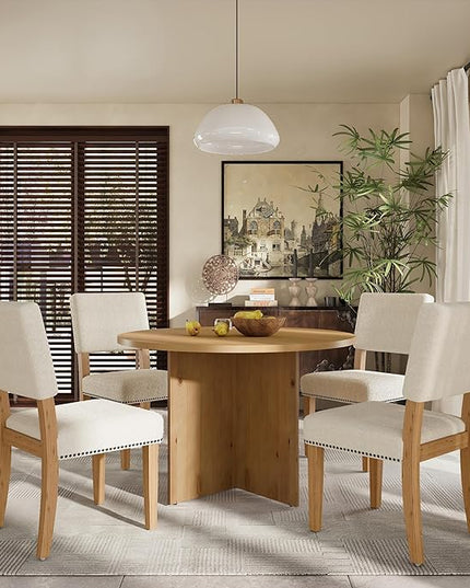 Modern Round Pedestal Kitchen 4 Upholstered Chairs, Rubber Wood, Easy Assembly, for Studio, Apartment, Small Places, Room, 5 Piece Dining Table Set, Natural 15 - LeafyLoom
