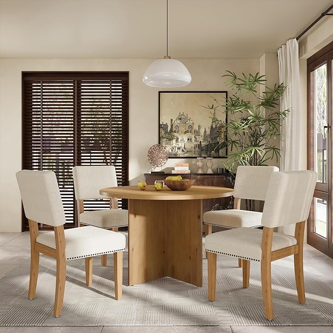 Modern Round Pedestal Kitchen 4 Upholstered Chairs, Rubber Wood, Easy Assembly, for Studio, Apartment, Small Places, Room, 5 Piece Dining Table Set, Natural 15 - LeafyLoom
