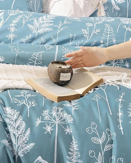 JANZAA Queen Comforter Set Floral Comforter Sets Queen Size Bedding Set Mineral Blue Comforter for All Season with 2 Pillow Shams Cute and Comfortable - LeafyLoom