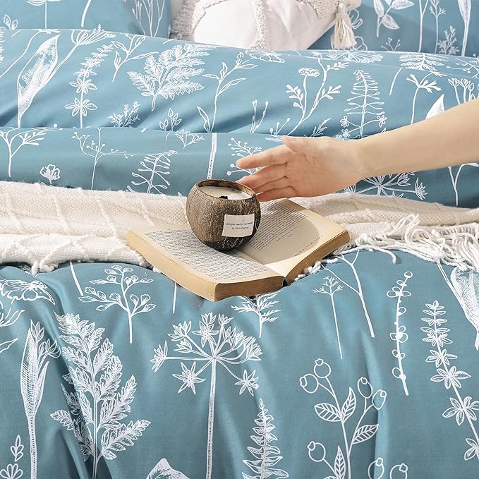 JANZAA Queen Comforter Set Floral Comforter Sets Queen Size Bedding Set Mineral Blue Comforter for All Season with 2 Pillow Shams Cute and Comfortable - LeafyLoom