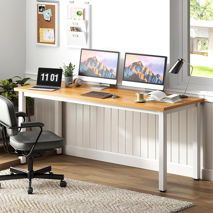 Need 63 Inch Large Computer Desk - Modern Simple Style Home Office Gaming Desk, Basic Writing Table for Study Student, White Metal Frame, Teak - LeafyLoom