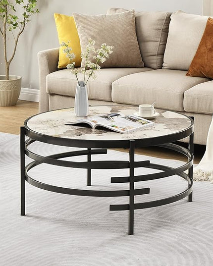 Round Coffee Table Coffee Tables for Living Room Sintered Stone Marble Top Sturdy Metal Frame (Grey, 31.50 inches) - LeafyLoom