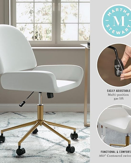 Martha Stewart Tyla Armless Swivel Task Chair for Home Office in White Faux Leather with Polished Brass Frame - LeafyLoom