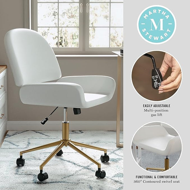 Martha Stewart Tyla Armless Swivel Task Chair for Home Office in White Faux Leather with Polished Brass Frame - LeafyLoom