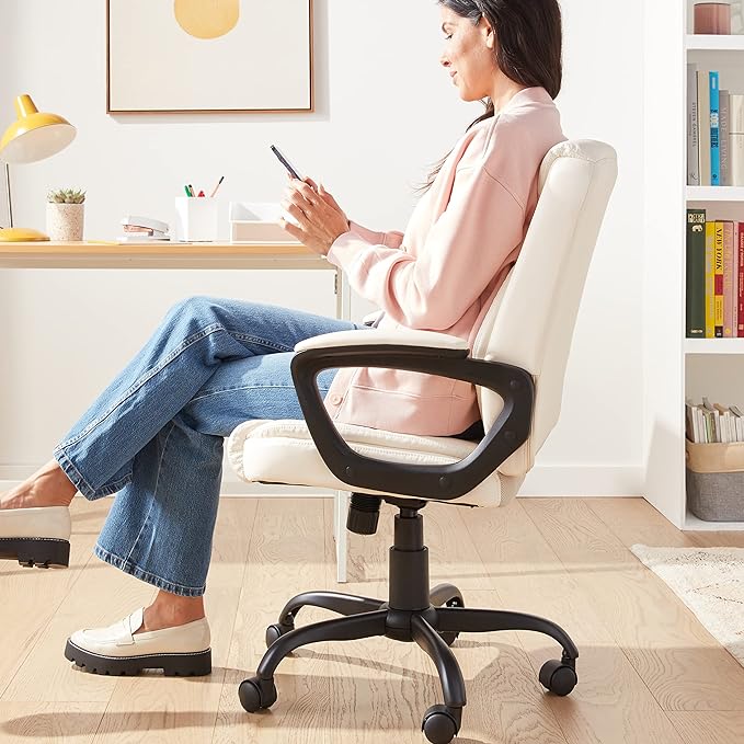 Amazon Basics Classic Puresoft PU Padded Mid-Back Office Computer Desk Chair with Armrest - Cream, 26"D x 23.75"W x 42"H - LeafyLoom