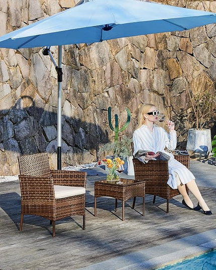 DUMOS Set 3 Pieces Outdoor Furniture with Soft Cushion and Glass Table, All Weather Manual Weaving Wicker Rattan Patio Chairs for Garden, Terrace, Porch, Lawns, Brown - LeafyLoom