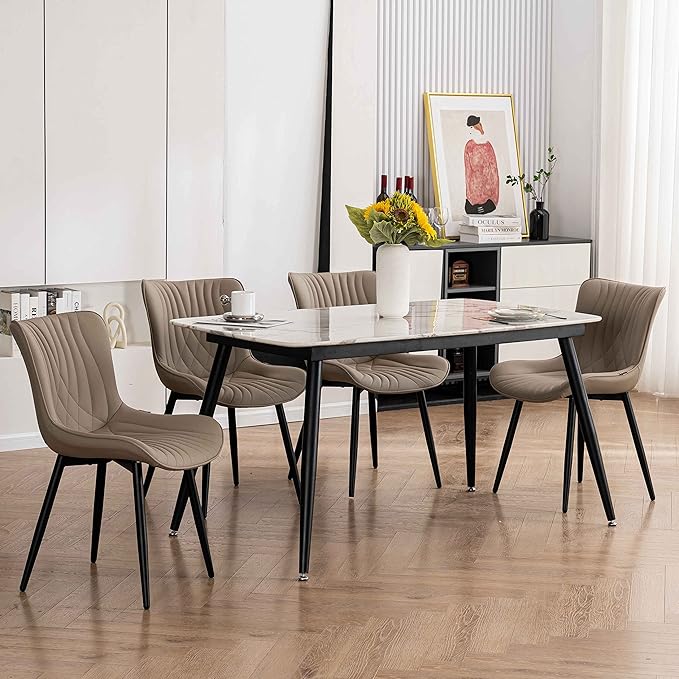 YOUTASTE Dining Chairs Set of 2 Upholstered Mid Century Modern Kitchen Dining Room Chairs Armless Faux Leather Accent Chairs Metal Vanity Lounge Chair with Back for Living Room Bedrooms,Khaki - LeafyLoom