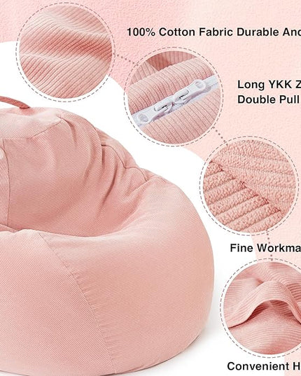 EXQ Home Stuffed Animal Storage Kids Bean Bag Chair Cover (No Filler) Washable Ultra Soft Corduroy Pink Bean Bag Cover for Organizing Plush Toys or Textile, Sack Bean Bag for Adults, Teens - LeafyLoom