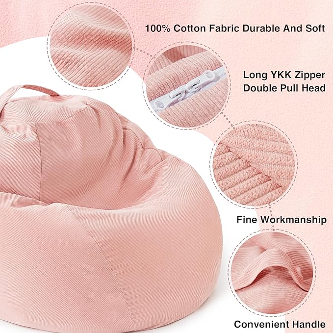 EXQ Home Stuffed Animal Storage Kids Bean Bag Chair Cover (No Filler) Washable Ultra Soft Corduroy Pink Bean Bag Cover for Organizing Plush Toys or Textile, Sack Bean Bag for Adults, Teens - LeafyLoom