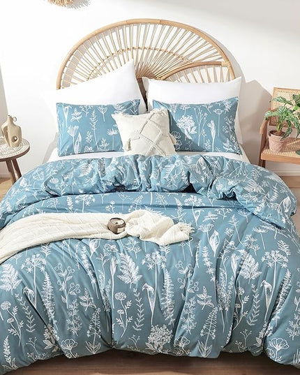JANZAA Queen Comforter Set Floral Comforter Sets Queen Size Bedding Set Mineral Blue Comforter for All Season with 2 Pillow Shams Cute and Comfortable - LeafyLoom