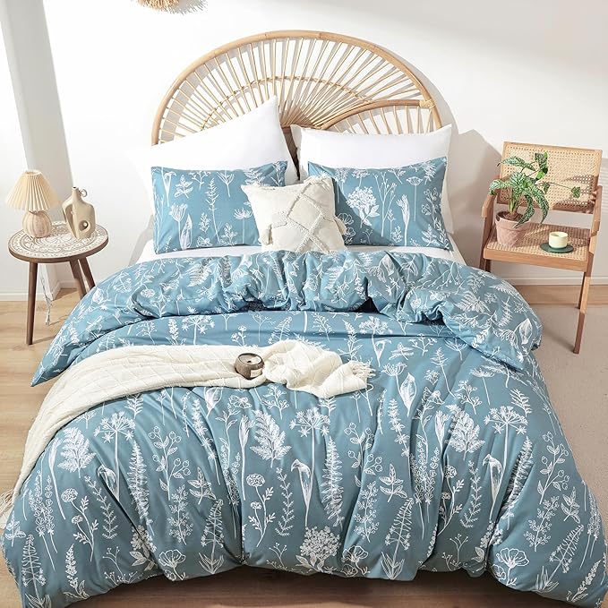 JANZAA Queen Comforter Set Floral Comforter Sets Queen Size Bedding Set Mineral Blue Comforter for All Season with 2 Pillow Shams Cute and Comfortable - LeafyLoom