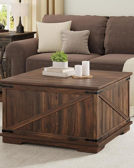 YITAHOME Farmhouse Lift Top Coffee Table, Square Wood Center Table with Large Hidden Storage Compartment for Living Room, Rustic Cocktail Table with Lift Top for Home Office,Reclaimed Barnwood - LeafyLoom