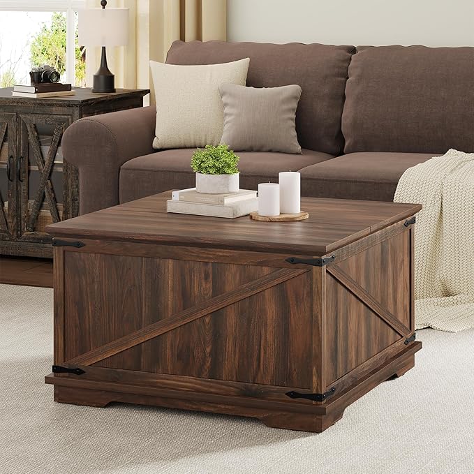 YITAHOME Farmhouse Lift Top Coffee Table, Square Wood Center Table with Large Hidden Storage Compartment for Living Room, Rustic Cocktail Table with Lift Top for Home Office,Reclaimed Barnwood - LeafyLoom