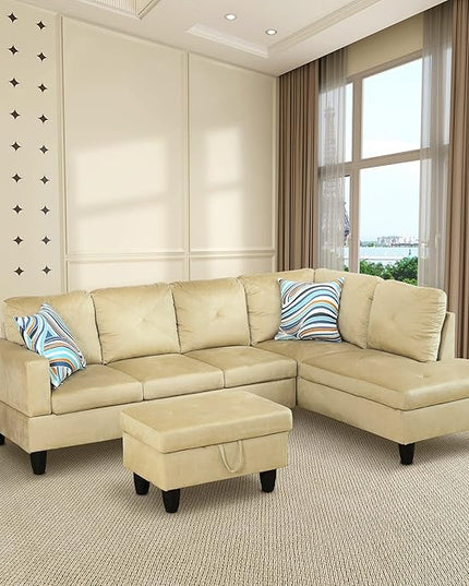 3-Piece L-Shaped Sectional Couches with 66.5'' Chaise Lounge & Storage Ottoman Modular Room Sofas for Home Office Apartment, Large Living Furniture, 97'' Right Hand Facing, Beige Microfiber - LeafyLoom
