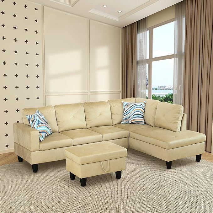 3-Piece L-Shaped Sectional Couches with 66.5'' Chaise Lounge & Storage Ottoman Modular Room Sofas for Home Office Apartment, Large Living Furniture, 97'' Right Hand Facing, Beige Microfiber - LeafyLoom