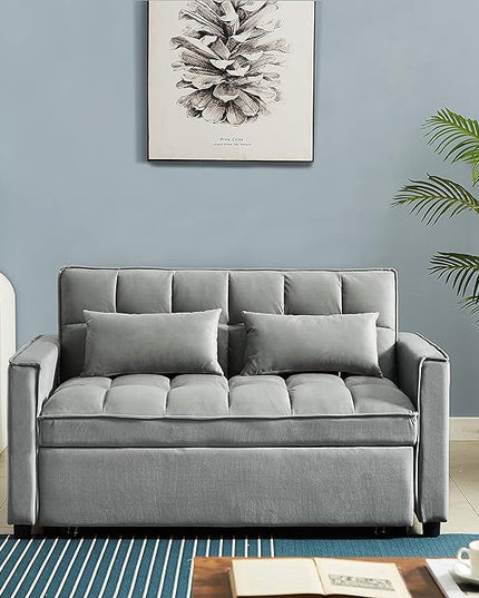 3 in 1 Convertible Loveseat Sleeper Sofa Bed,Modern Velvet Tufted Upholstered Love Seats Sofabed W/Pull Out Sleep Couch and 2 Pillows for Living Room, 55.21", Grey-1123 - LeafyLoom