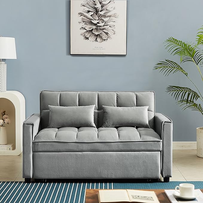 3 in 1 Convertible Loveseat Sleeper Sofa Bed,Modern Velvet Tufted Upholstered Love Seats Sofabed W/Pull Out Sleep Couch and 2 Pillows for Living Room, 55.21", Grey-1123 - LeafyLoom