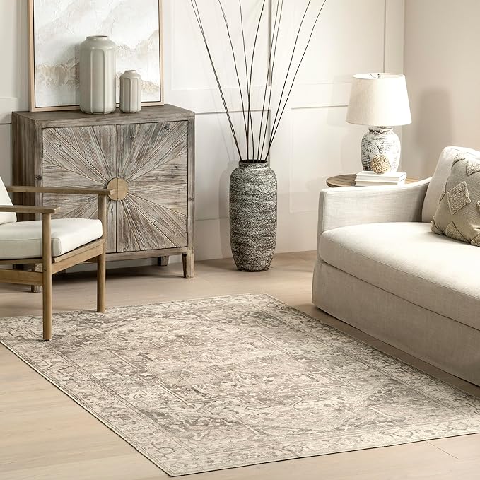 nuLOOM 6 Square Machine Washable Rain Haven Vintage Medallion Area Rug, Grey, Traditional Faded Design, Non-Slip Backing, Stain Resistant, For Bedroom, Dining Room, Living Room, Kitchen - LeafyLoom