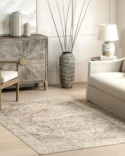 nuLOOM 8 Square Machine Washable Rain Haven Vintage Medallion Area Rug, Grey, Traditional Faded Design, Non-Slip Backing, Stain Resistant, For Bedroom, Dining Room, Living Room, Kitchen - LeafyLoom