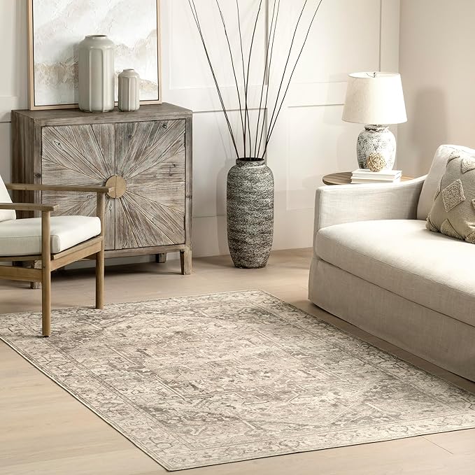 nuLOOM 3x5 Machine Washable Rain Haven Vintage Medallion Area Rug, Grey, Traditional Faded Design, Non-Slip Backing, Stain Resistant, For Bedroom, Dining Room, Living Room, Kitchen - LeafyLoom