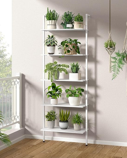 Tajsoon 25.2''W Ladder Shelf Bookshelf, 5 Tier Wall Shelf with Metal Frame, Modern Open Wall Mount Bookcases for Home, Office, Balcony, Plant Flower, White - LeafyLoom