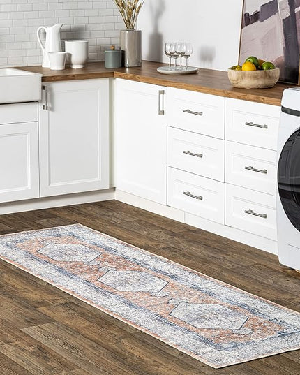nuLOOM 2x12 Machine Washable Rain Haven Vintage Medallion Area Rug, Peach, Traditional Faded Design, Non-Slip Backing, Stain Resistant, For Bedroom, Dining Room, Living Room, Kitchen - LeafyLoom