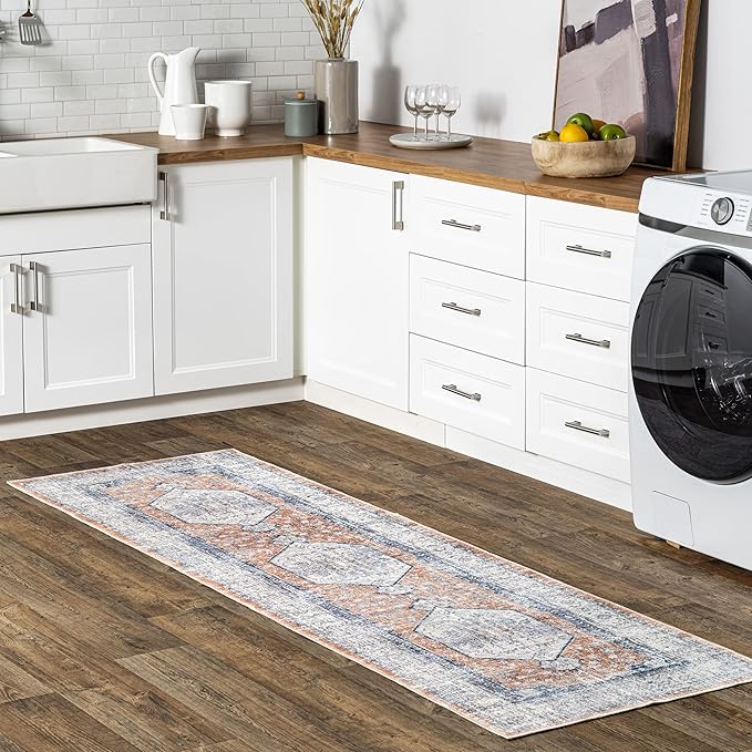 nuLOOM 2x12 Machine Washable Rain Haven Vintage Medallion Area Rug, Peach, Traditional Faded Design, Non-Slip Backing, Stain Resistant, For Bedroom, Dining Room, Living Room, Kitchen - LeafyLoom