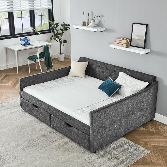 Queen Size Upholstered Tufted Daybed with Two Pull Out Drawers Bed, Button Polyester on Back, Waved Shape Arms for Bedroom, Living Room,No Need Boxing Spring - LeafyLoom