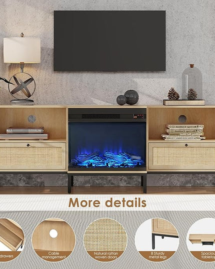 3-Sided Glass Fireplace TV Stand for TVs up to 80", Entertainment Center Electric Fireplace TV Stand with Rattan Drawers Boho Natural - LeafyLoom