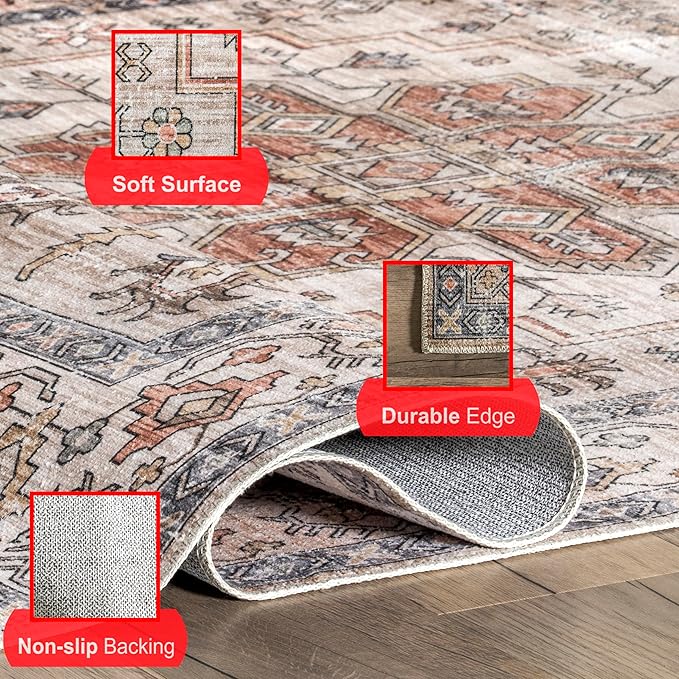 nuLOOM Dawson Machine Washable Distressed Medallion Ultra Thin Area Rug, 5' x 8', Beige - LeafyLoom