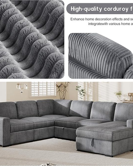 116.5" U-Shaped Corduroy Modular Sectional Storage Chaise and Pulled Out Bed, 6-Seater Oversized Corner Sofa w/USB Interfaces for Living Room, Office, Spacious Space, Gray, 116.5 Inch - LeafyLoom