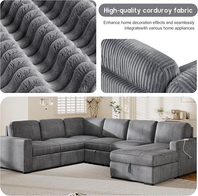 116.5" U-Shaped Corduroy Modular Sectional Storage Chaise and Pulled Out Bed, 6-Seater Oversized Corner Sofa w/USB Interfaces for Living Room, Office, Spacious Space, Gray, 116.5 Inch - LeafyLoom