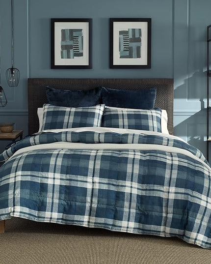 Nautica Home Ultra Soft & Cozy Microsuede Reversible Plaid Quilted Comforter Matching Shams, 3-Piece Bedding Set, Queen, Navy/Blue/White - LeafyLoom