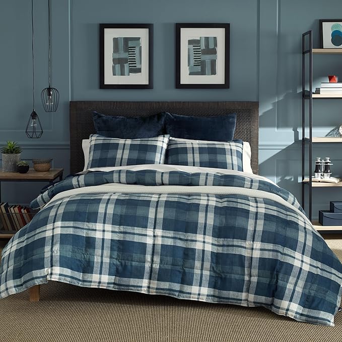 Nautica - King Size Comforter Set, Reversible Bedding with Matching Shams, Stylish Plaid Home Decor (Crossview Navy, King) - LeafyLoom