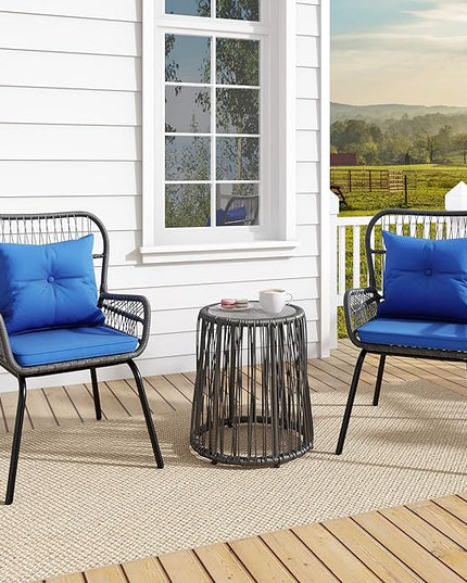 YITAHOME 3-Piece Outdoor Patio Furniture Wicker Bistro Set, All-Weather Rattan Conversation Chairs for Backyard, Balcony and Deck with Soft Cushions, Glass Side Table (Gray+Navy Blue) - LeafyLoom