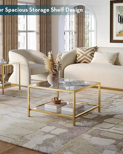 SAYGOER Glass Coffee Table with Storage 2-Tier Square Glass Center Table for Living Room Home Office with Gold Metal Frame Modern Table for Small Spaces - LeafyLoom