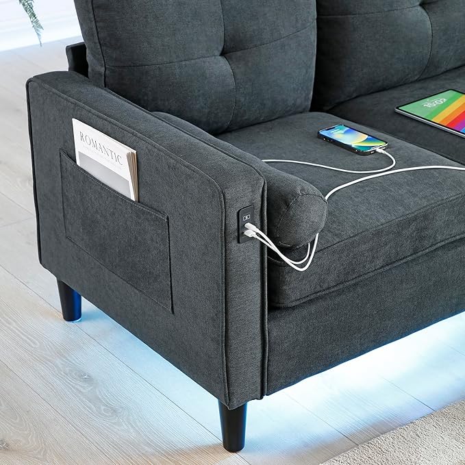 3 Seater L Shaped Convertible Sectional Sofa Couch with Reversible Chaise , Linen Upholstered Corner Sleeper Lounge Sofá with 2 USB Ports and LED Lights ,Storage for Small Space Living Room Apartment - LeafyLoom