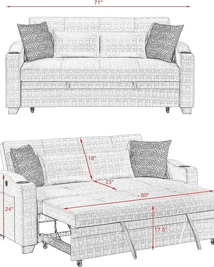 3 in 1 Oversized Convertible Sleeper Loveseat Sofa Pull Out Couch Bed Lounge Chaise with USB Charger and Cupholders for Living Room Office, Beige 71" - LeafyLoom